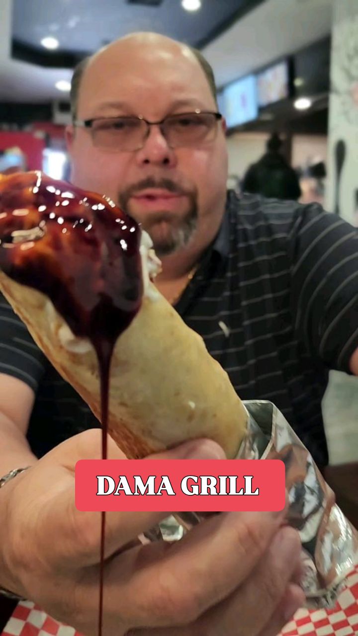 Customer review — shawarma cone with sauce drizzle, Dama Grill stamp