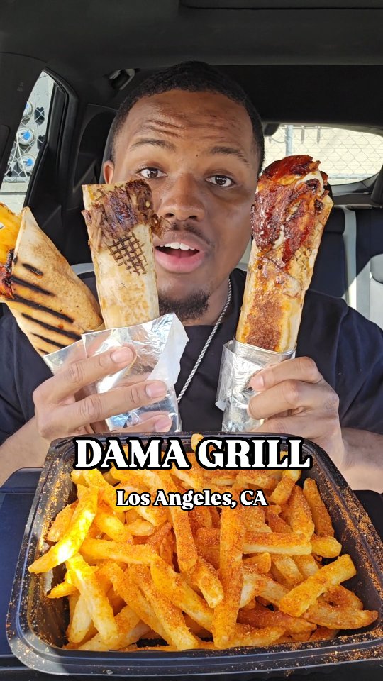 Customer review — meat-on-bone shawarma over fries, Dama Grill stamp