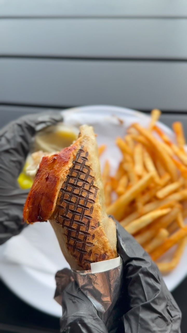 Crispy chicken shawarma cone served with golden fries